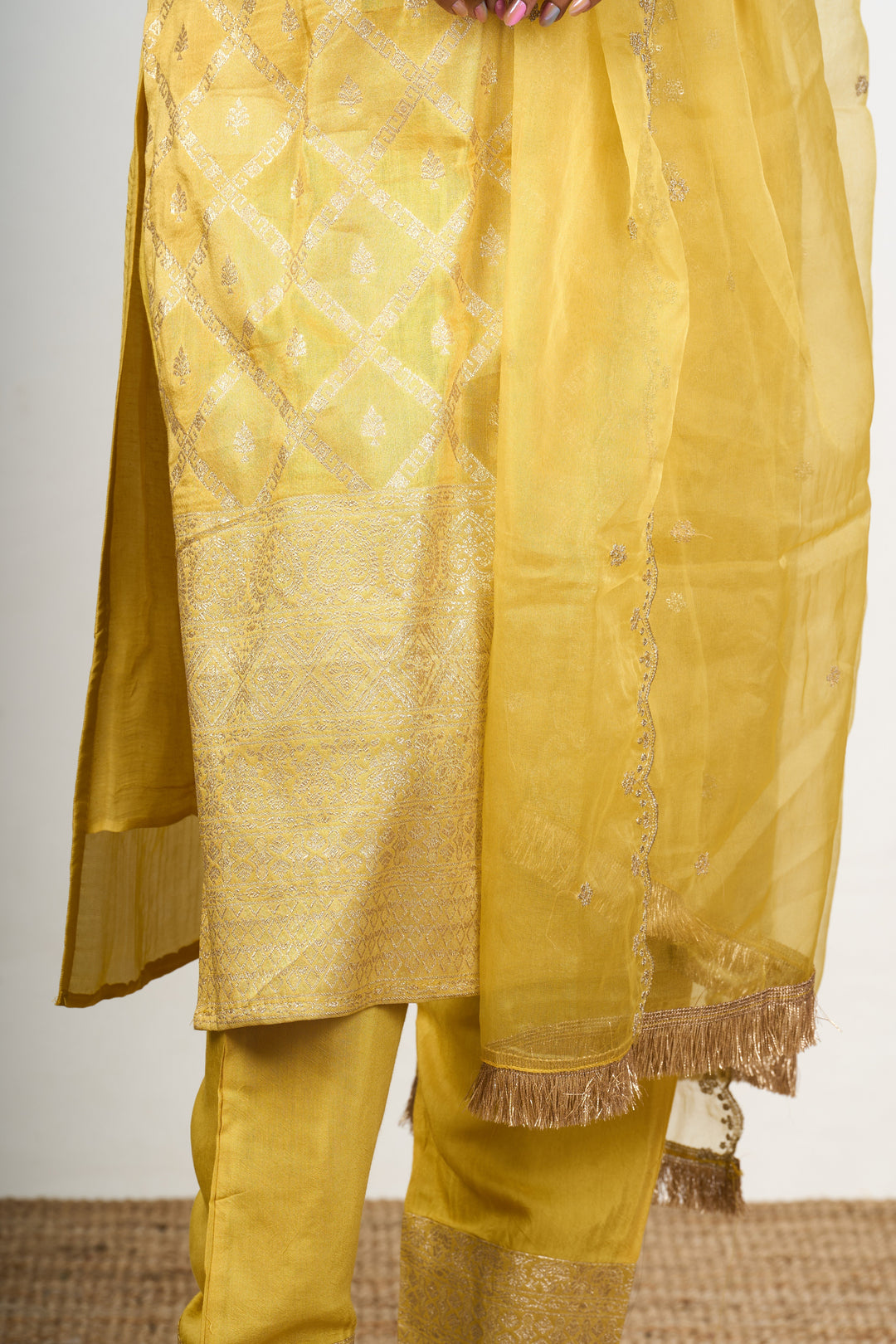 The Nesavu Womens Straight Suit Sets Women’S Pant Suit Set in Yellow Art Silk with Embroidered Neckline and Dupatta Nesavu Yellow Art Silk Womens Pant Suit Set Diamond Embroidery Sheer Dupatta | The Nesavu