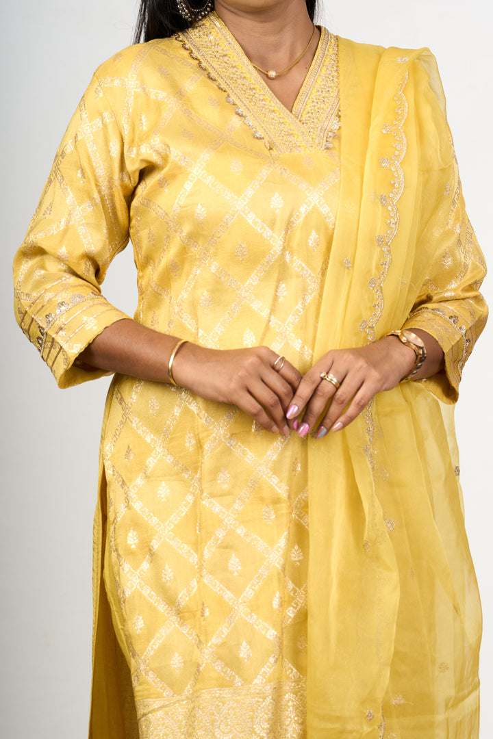 The Nesavu Womens Straight Suit Sets Women’S Pant Suit Set in Yellow Art Silk with Embroidered Neckline and Dupatta Nesavu Yellow Art Silk Womens Pant Suit Set Diamond Embroidery Sheer Dupatta | The Nesavu
