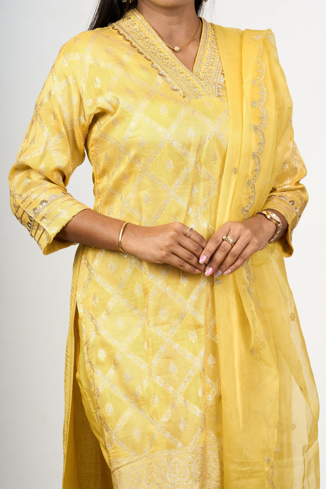 The Nesavu Womens Straight Suit Sets Women’S Pant Suit Set in Yellow Art Silk with Embroidered Neckline and Dupatta Nesavu Yellow Art Silk Womens Pant Suit Set Diamond Embroidery Sheer Dupatta | The Nesavu