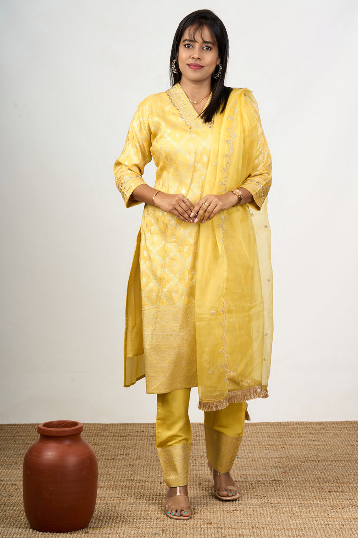 The Nesavu Womens Straight Suit Sets Women’S Pant Suit Set in Yellow Art Silk with Embroidered Neckline and Dupatta Nesavu Yellow Art Silk Womens Pant Suit Set Diamond Embroidery Sheer Dupatta | The Nesavu