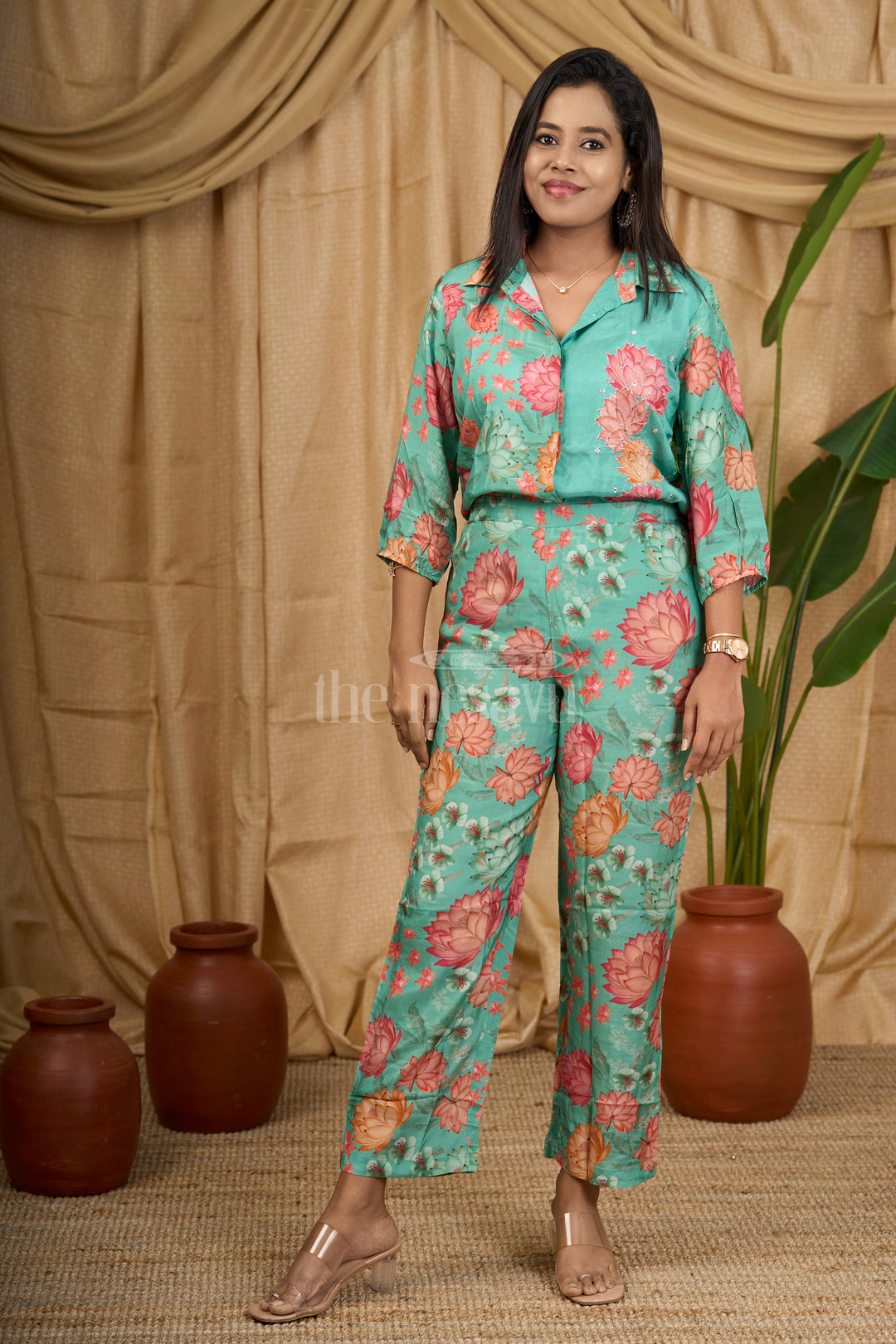 The Nesavu Womens Co-Ord Sets Women's Pure Muslin Silk Co-Ord Set with Floral Embroidery in Turquoise for Special Occasions Nesavu 38 (M) / Turquoise WTW022A-38 Nesavu Women's Turquoise Muslin Silk Co-Ord Set Floral Embroidery Festive Wear