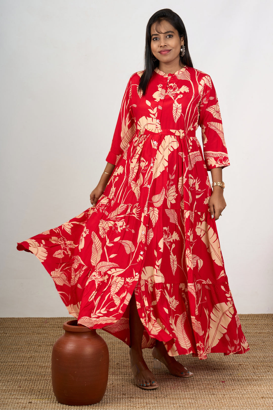 The Nesavu Womens Flared Kurthas Women'S Wedding Wear Red Flared Kurtha in Georgette with Floral Prints Nesavu Wedding Wear Red Flared Kurtha Georgette Floral Prints Women | The Nesavu