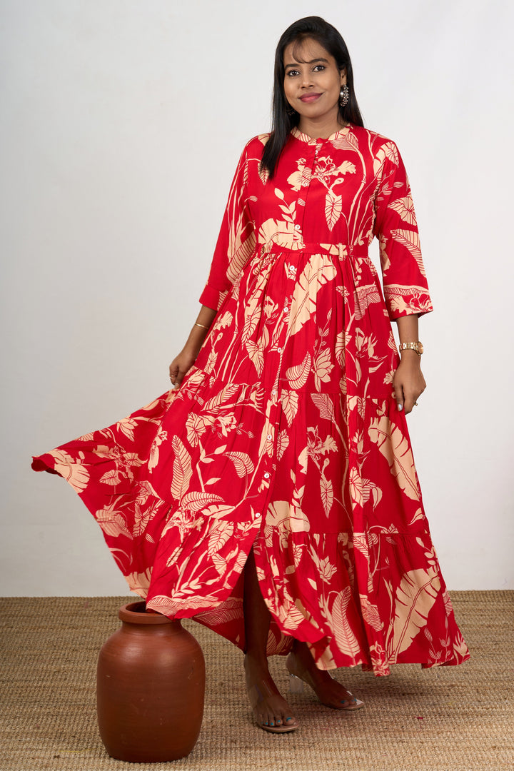 The Nesavu Womens Flared Kurthas Women'S Wedding Wear Red Flared Kurtha in Georgette with Floral Prints Nesavu Wedding Wear Red Flared Kurtha Georgette Floral Prints Women | The Nesavu