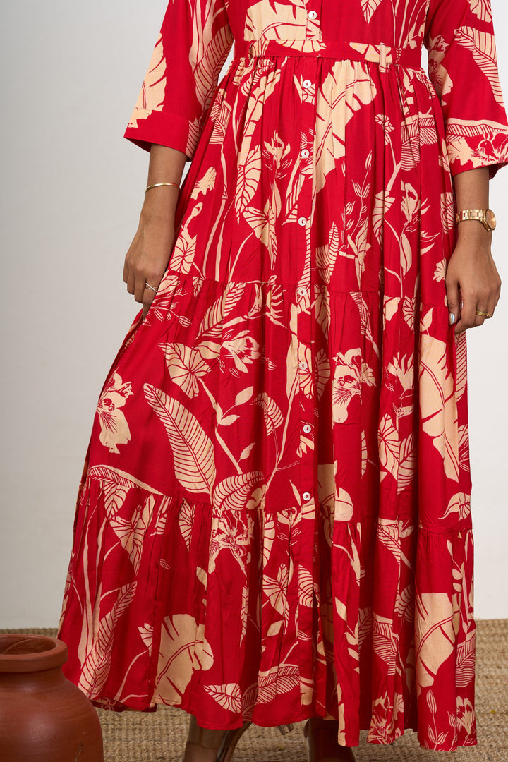 The Nesavu Womens Flared Kurthas Women'S Wedding Wear Red Flared Kurtha in Georgette with Floral Prints Nesavu Wedding Wear Red Flared Kurtha Georgette Floral Prints Women | The Nesavu