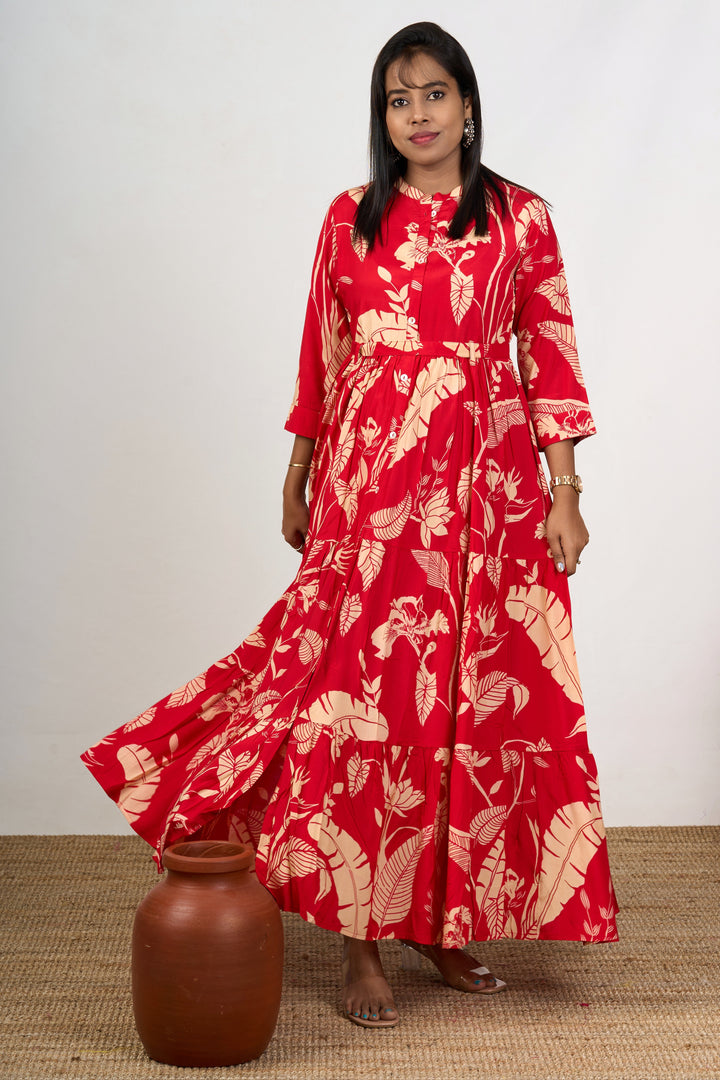 The Nesavu Womens Flared Kurthas Women'S Wedding Wear Red Flared Kurtha in Georgette with Floral Prints Nesavu Wedding Wear Red Flared Kurtha Georgette Floral Prints Women | The Nesavu