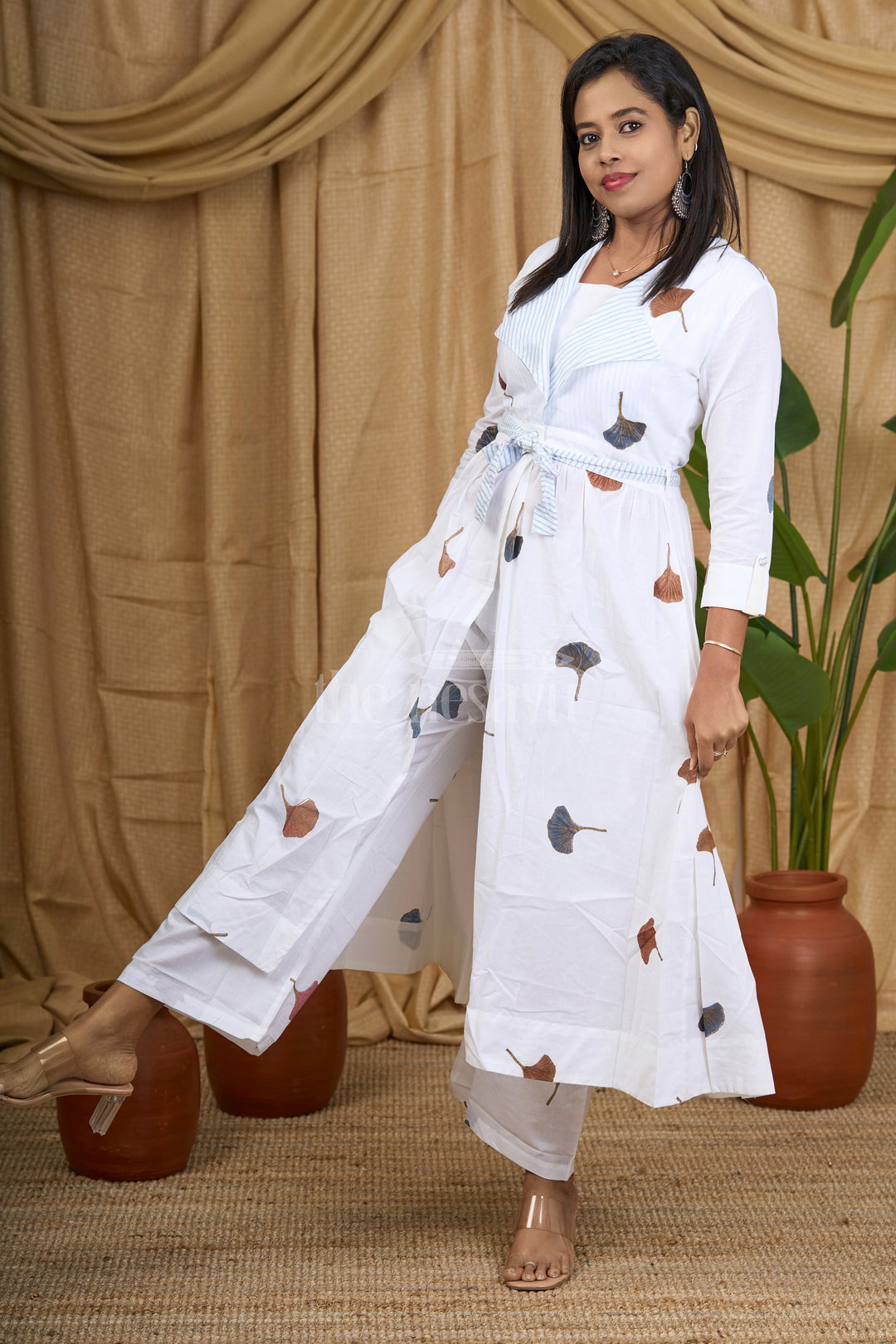 The Nesavu Womens Flared Kurthas Women's White Maxi Dress with Leaf Motif and Striped Lapel Collar Nesavu 38 (M) / White WTW011A-38 Nesavu Women's Nature-Inspired White Maxi Dress Striped Lapel Collar Leaf Motif