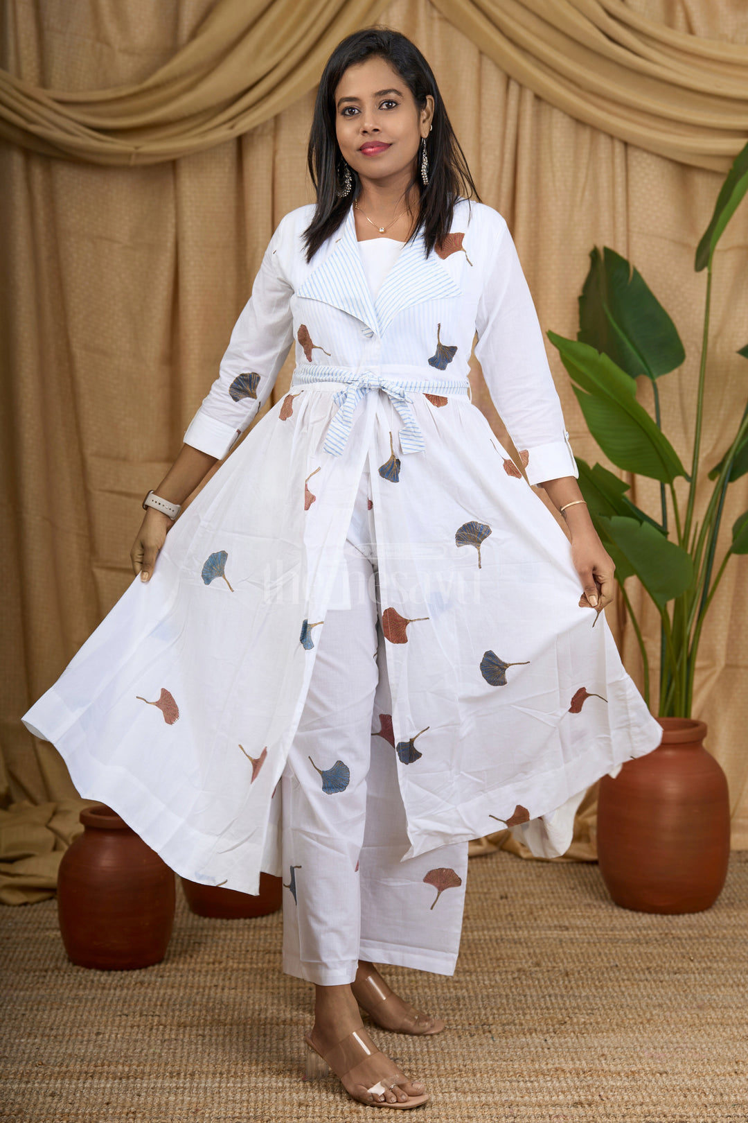 The Nesavu Womens Flared Kurthas Women's White Maxi Dress with Leaf Motif and Striped Lapel Collar Nesavu Nesavu Women's Nature-Inspired White Maxi Dress Striped Lapel Collar Leaf Motif