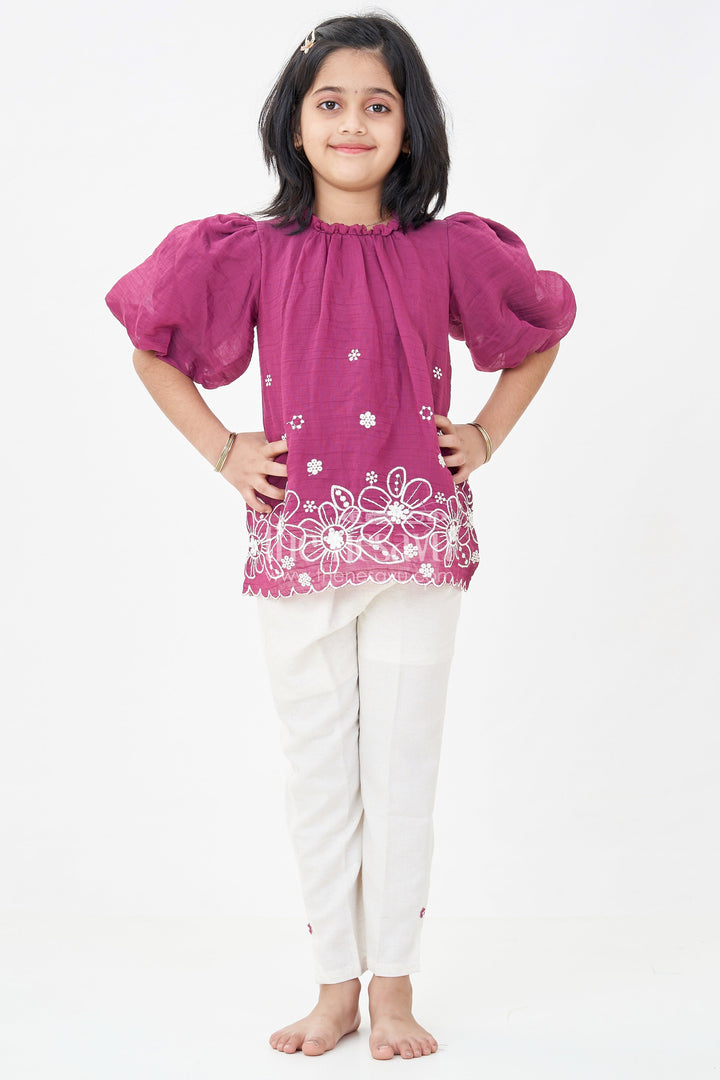 The Nesavu Girls Co-Ord Sets Womens Floral Co Ord for Girls in Maroon Cotton with Puff Sleeves and White Embroidered Bottoms Nesavu 18 (2Y) / Purple GPS381E-18 Womens Floral Co Ord Set Girls Maroon Cotton Embroidered Hem Cream Pants | The Nesavu