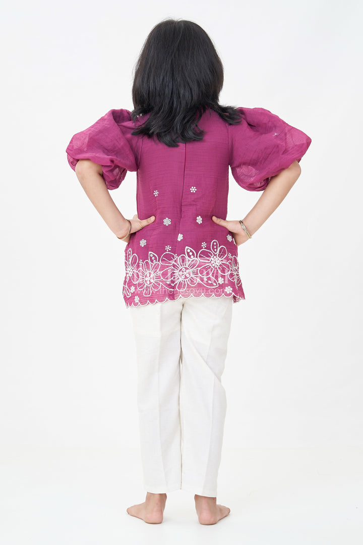 The Nesavu Girls Co-Ord Sets Womens Floral Co Ord for Girls in Maroon Cotton with Puff Sleeves and White Embroidered Bottoms Nesavu Womens Floral Co Ord Set Girls Maroon Cotton Embroidered Hem Cream Pants | The Nesavu