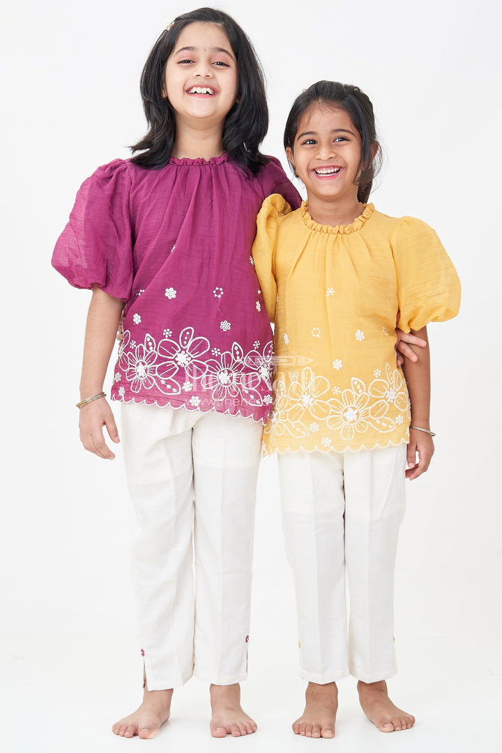 The Nesavu Girls Co-Ord Sets Womens Floral Co Ord for Girls in Maroon Cotton with Puff Sleeves and White Embroidered Bottoms Nesavu Womens Floral Co Ord Set Girls Maroon Cotton Embroidered Hem Cream Pants | The Nesavu