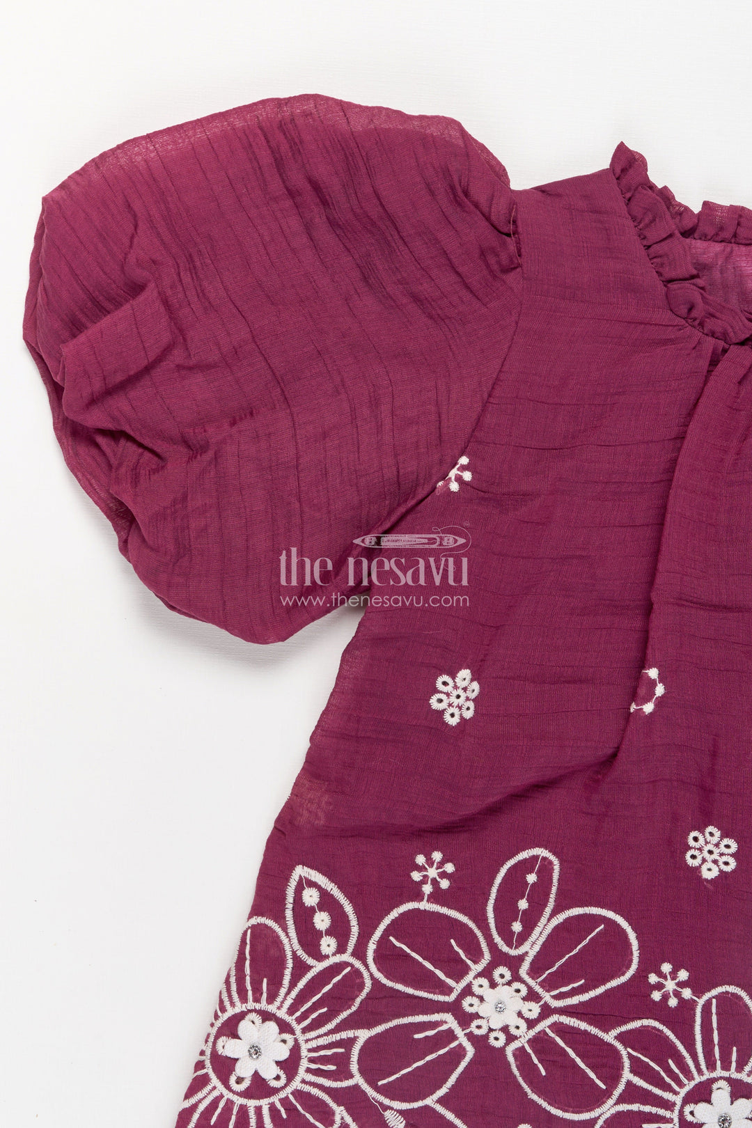 The Nesavu Girls Co-Ord Sets Womens Floral Co Ord for Girls in Maroon Cotton with Puff Sleeves and White Embroidered Bottoms Nesavu Womens Floral Co Ord Set Girls Maroon Cotton Embroidered Hem Cream Pants | The Nesavu