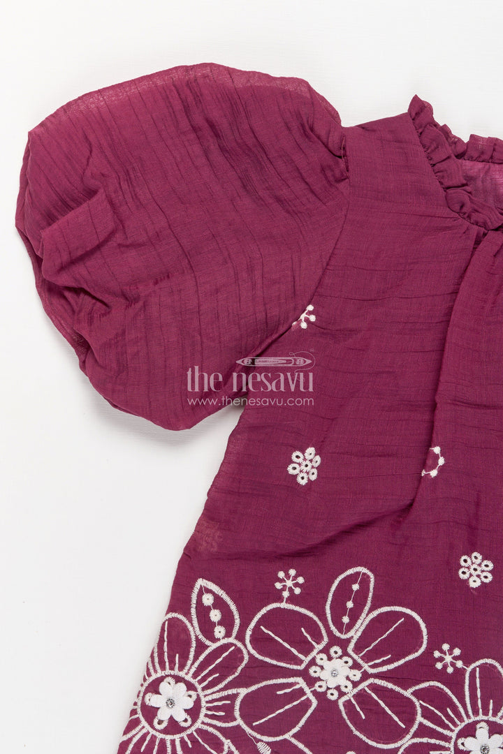 The Nesavu Girls Co-Ord Sets Womens Floral Co Ord for Girls in Maroon Cotton with Puff Sleeves and White Embroidered Bottoms Nesavu Womens Floral Co Ord Set Girls Maroon Cotton Embroidered Hem Cream Pants | The Nesavu