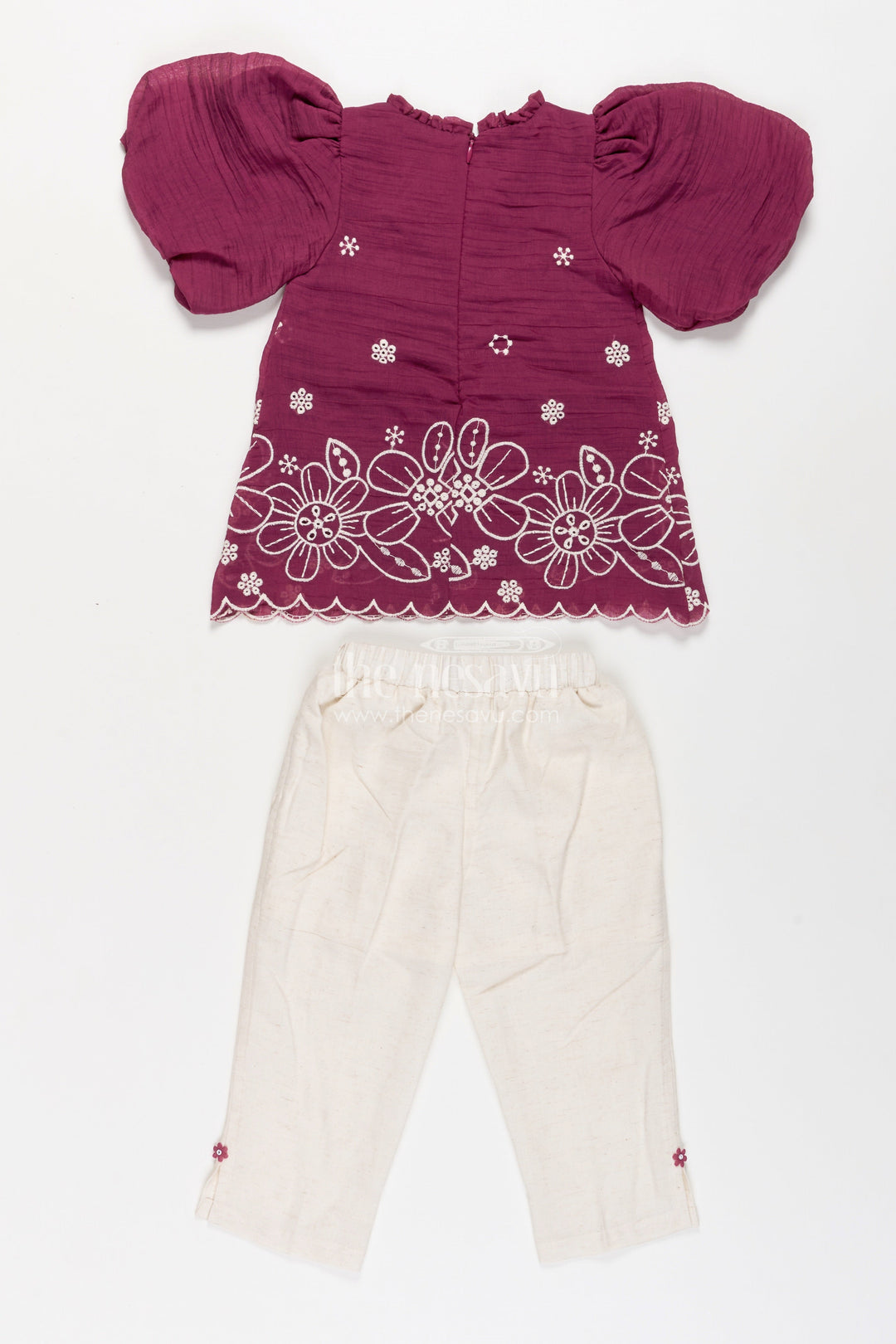The Nesavu Girls Co-Ord Sets Womens Floral Co Ord for Girls in Maroon Cotton with Puff Sleeves and White Embroidered Bottoms Nesavu Womens Floral Co Ord Set Girls Maroon Cotton Embroidered Hem Cream Pants | The Nesavu