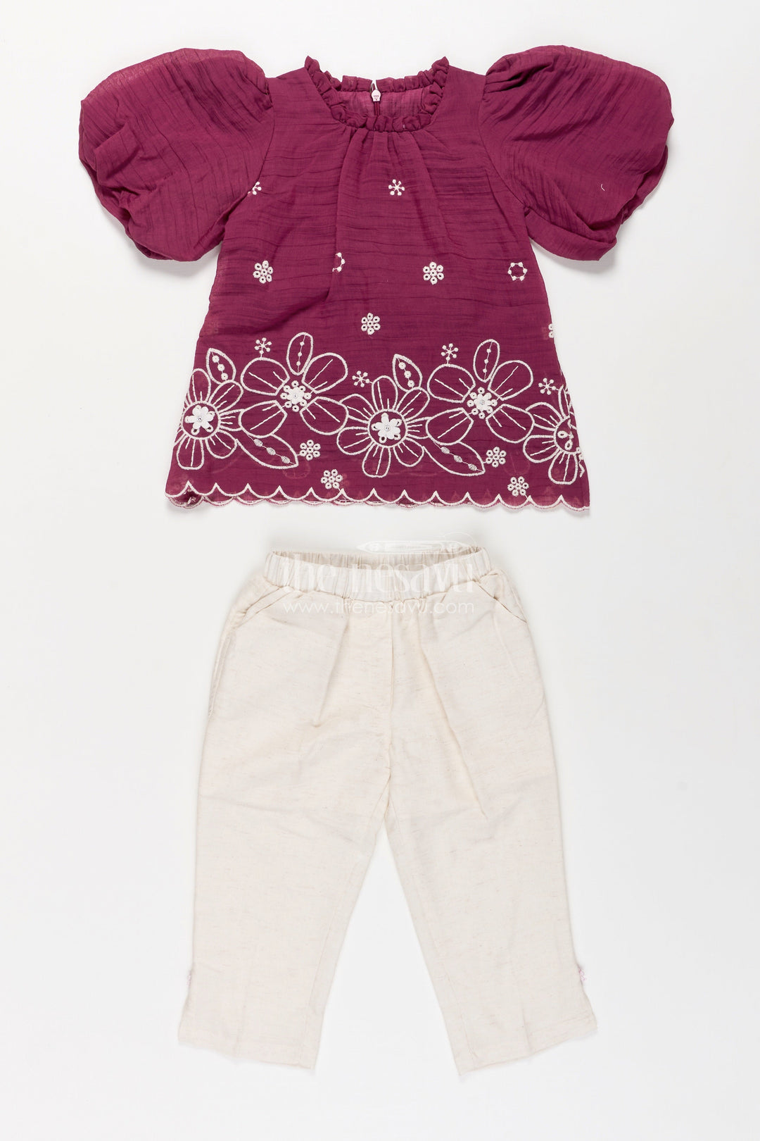 The Nesavu Girls Co-Ord Sets Womens Floral Co Ord for Girls in Maroon Cotton with Puff Sleeves and White Embroidered Bottoms Nesavu Womens Floral Co Ord Set Girls Maroon Cotton Embroidered Hem Cream Pants | The Nesavu
