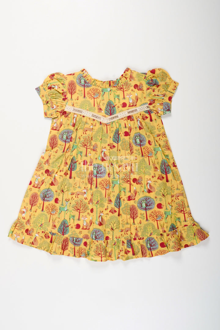The Nesavu Girls Cotton Frock Woodland Animal Print Cotton Frock for Toddler Girls Nesavu 18 (2Y) / Yellow GFC1945A-18 Nesavu yellow cotton frock for toddler girls with woodland animal print and frill detailing