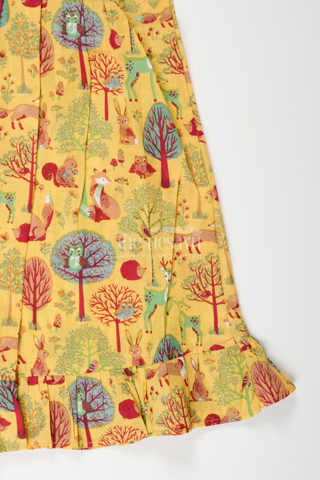 The Nesavu Girls Cotton Frock Woodland Animal Print Cotton Frock for Toddler Girls Nesavu Nesavu yellow cotton frock for toddler girls with woodland animal print and frill detailing