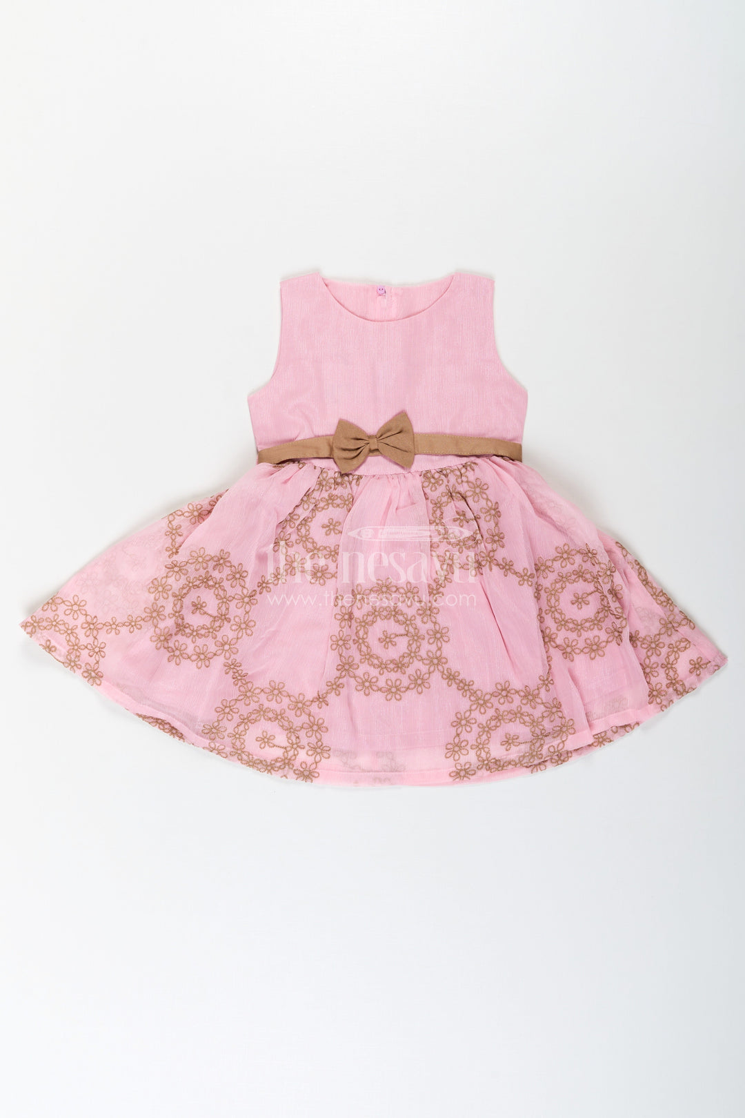 The Nesavu Girls Fancy Frock Work Frock for Girls in Pink and Brown with Cotton Blend and Embroidered Overlay Jacket Nesavu 20 (3Y) / Pink GFC1712A-20 Work Frock for Girls with Embroidered Overlay Jacket in Cotton Blend Pink and Brown Design | The Nesavu