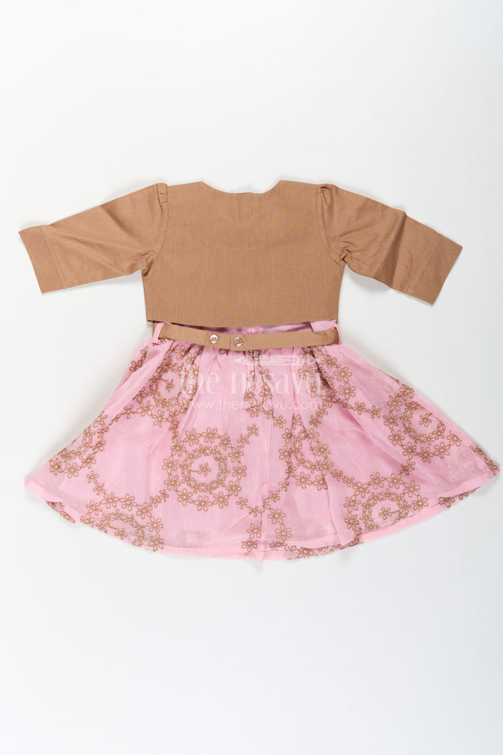 The Nesavu Girls Fancy Frock Work Frock for Girls in Pink and Brown with Cotton Blend and Embroidered Overlay Jacket Nesavu Work Frock for Girls with Embroidered Overlay Jacket in Cotton Blend Pink and Brown Design | The Nesavu