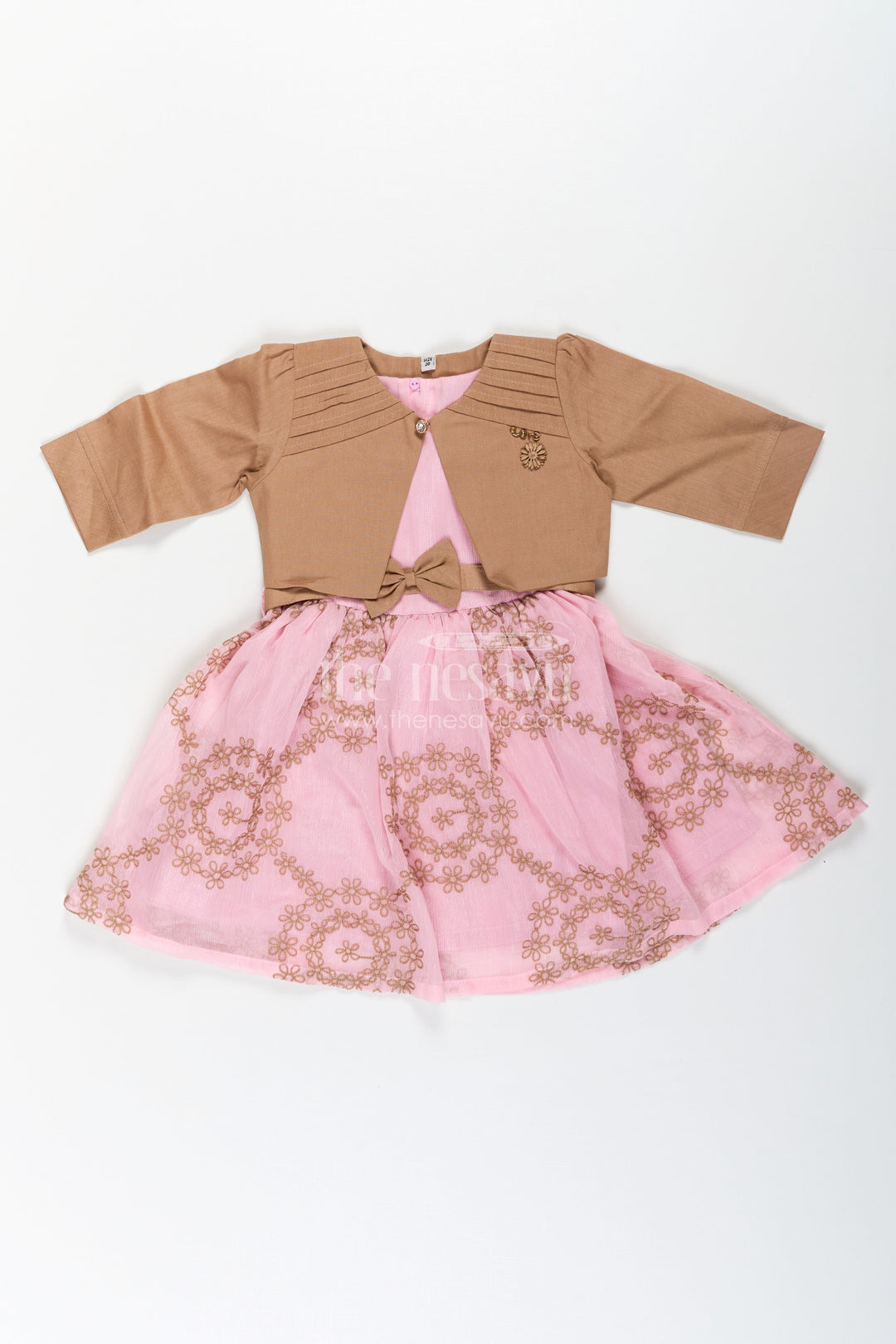 The Nesavu Girls Fancy Frock Work Frock for Girls in Pink and Brown with Cotton Blend and Embroidered Overlay Jacket Nesavu Work Frock for Girls with Embroidered Overlay Jacket in Cotton Blend Pink and Brown Design | The Nesavu