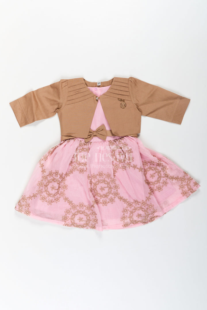 The Nesavu Girls Fancy Frock Work Frock for Girls in Pink and Brown with Cotton Blend and Embroidered Overlay Jacket Nesavu Work Frock for Girls with Embroidered Overlay Jacket in Cotton Blend Pink and Brown Design | The Nesavu