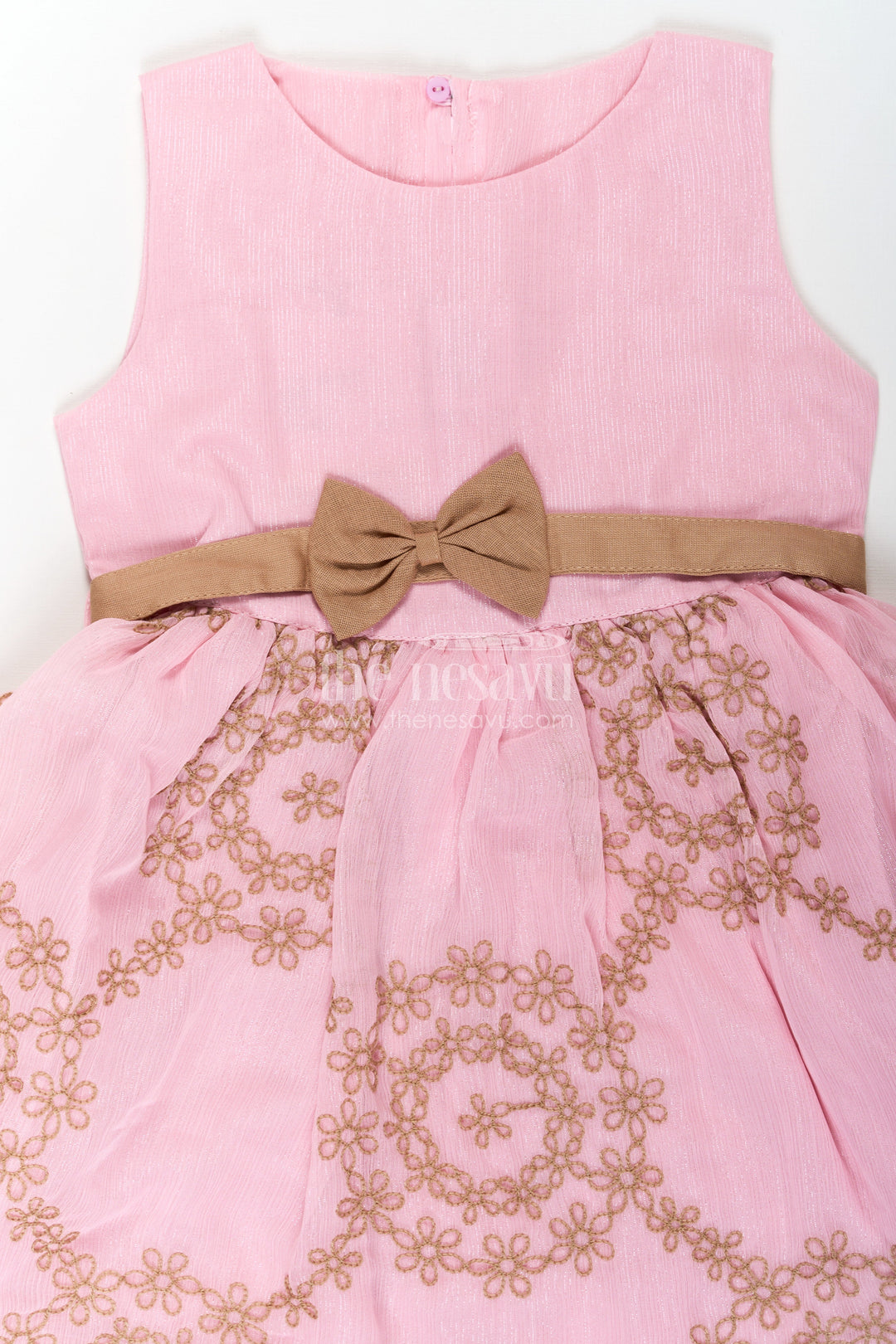 The Nesavu Girls Fancy Frock Work Frock for Girls in Pink and Brown with Cotton Blend and Embroidered Overlay Jacket Nesavu Work Frock for Girls with Embroidered Overlay Jacket in Cotton Blend Pink and Brown Design | The Nesavu