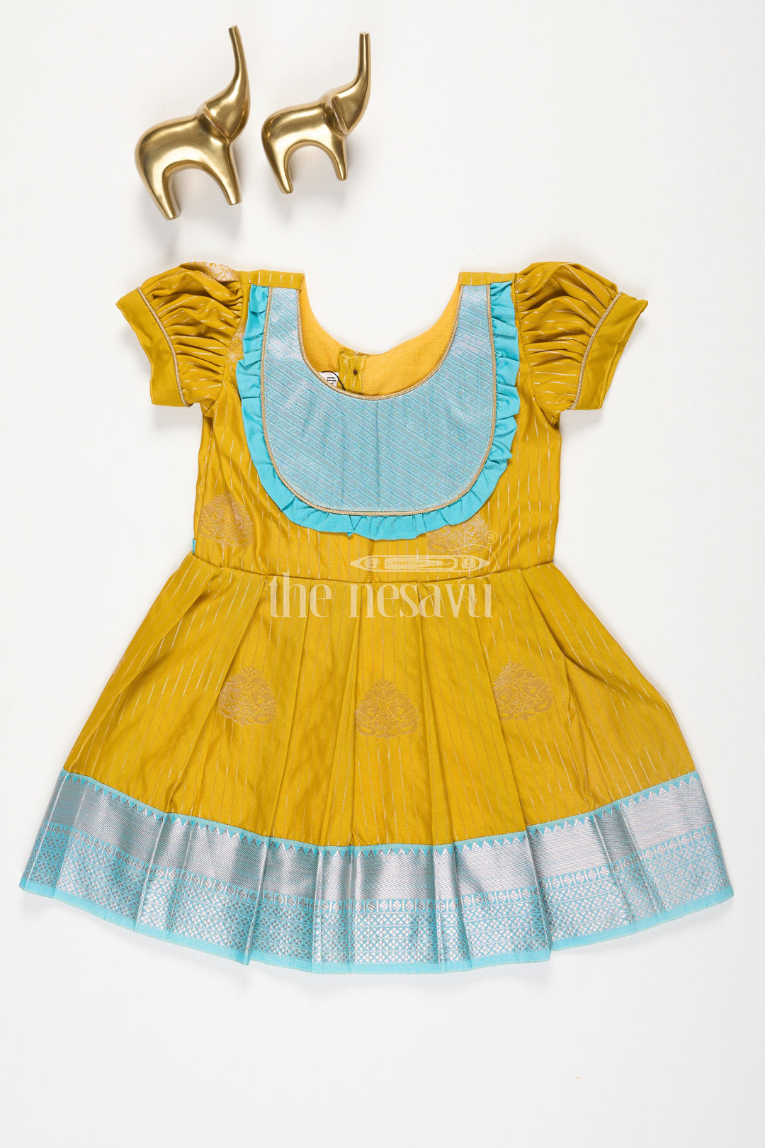 The Nesavu Girls Kanchi Silk Frock Yellow and Blue Semi Kanchivaram Silk Frock with Silver Zari and Puff Sleeves for Festive Occasions Nesavu 16 (1Y) / Yellow / Style 2 SF818CB-16 Nesavu Yellow Blue Semi Kanchivaram Silk Frock Silver Zari Puff Sleeves Weddings Festivals