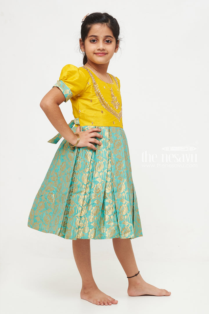 The Nesavu Silk Party Frock Yellow and Green Banarasi Semi-Silk Dress for Girls - Perfect for Navratri and Diwali Nesavu Yellow and Green Banarasi Semi-Silk Dress for Girls - Navratri and Diwali