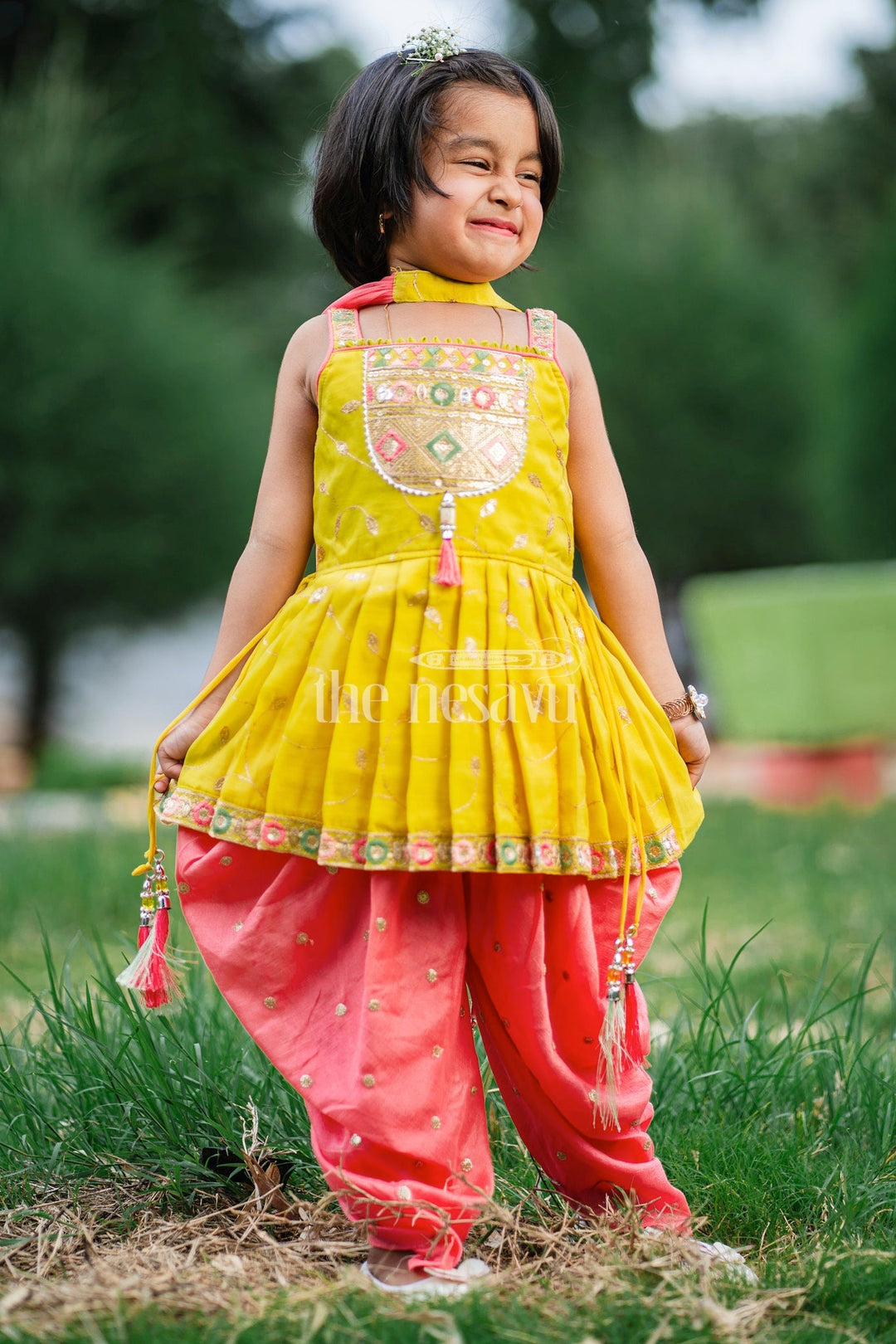 The Nesavu Girls Dothi Sets Yellow and Pink Girls Dothi Set with Embroidered Sleeveless Kurta and Mirror Work Nesavu 16 (1Y) / Yellow GPS432A-16 Nesavu Yellow Pink Dothi Set Girls Mirror Work Tassel Embellishments