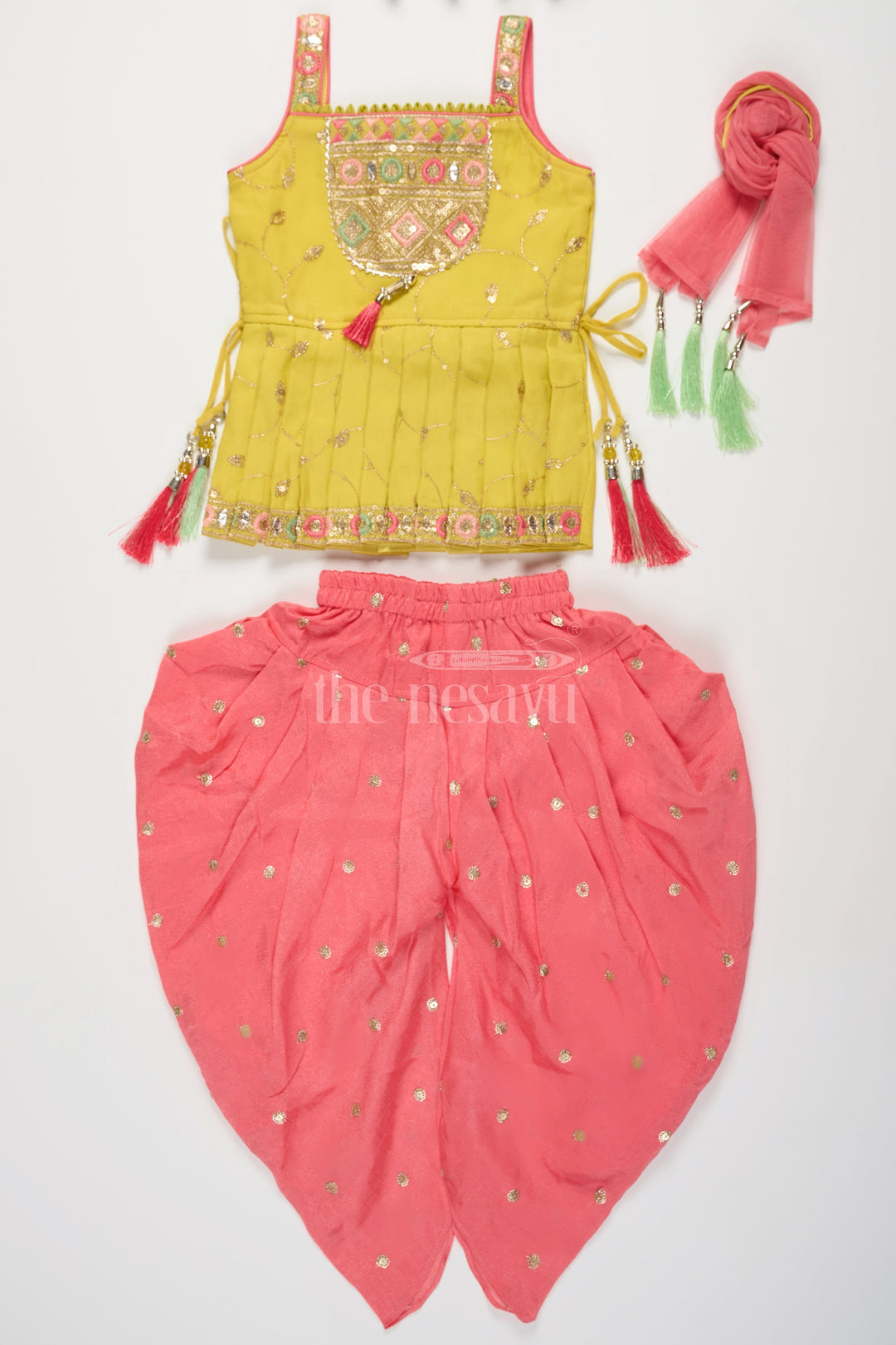 The Nesavu Girls Dothi Sets Yellow and Pink Girls Dothi Set with Embroidered Sleeveless Kurta and Mirror Work Nesavu Nesavu Yellow Pink Dothi Set Girls Mirror Work Tassel Embellishments