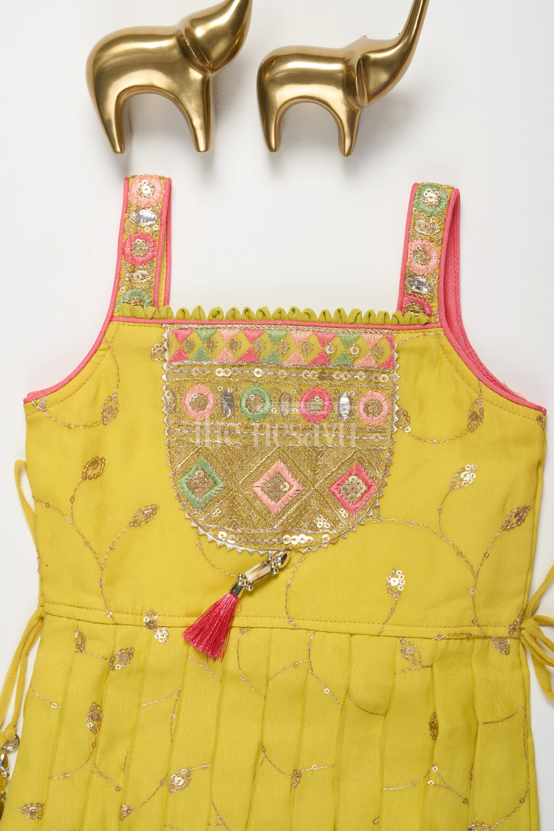 The Nesavu Girls Dothi Sets Yellow and Pink Girls Dothi Set with Embroidered Sleeveless Kurta and Mirror Work Nesavu Nesavu Yellow Pink Dothi Set Girls Mirror Work Tassel Embellishments