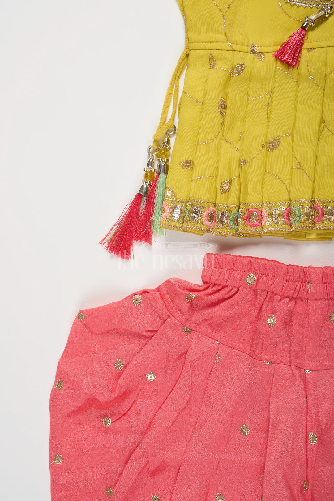 The Nesavu Girls Dothi Sets Yellow and Pink Girls Dothi Set with Embroidered Sleeveless Kurta and Mirror Work Nesavu Nesavu Yellow Pink Dothi Set Girls Mirror Work Tassel Embellishments