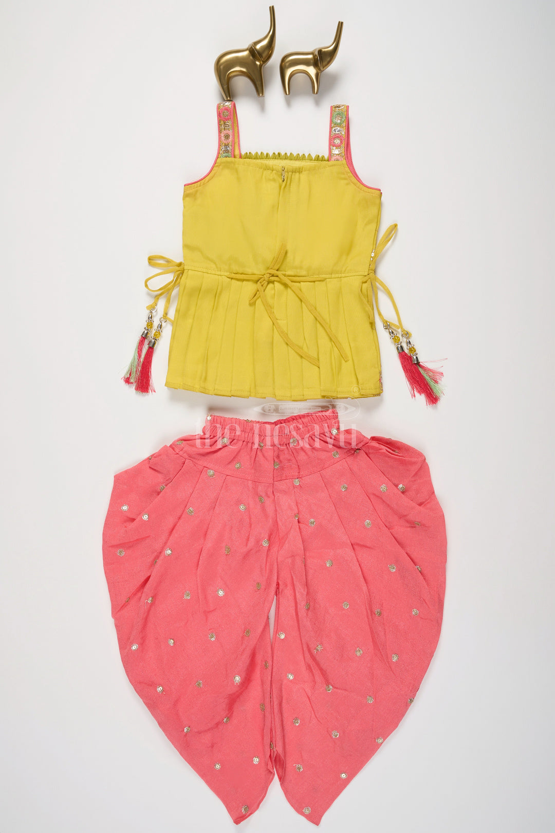 The Nesavu Girls Dothi Sets Yellow and Pink Girls Dothi Set with Embroidered Sleeveless Kurta and Mirror Work Nesavu Nesavu Yellow Pink Dothi Set Girls Mirror Work Tassel Embellishments