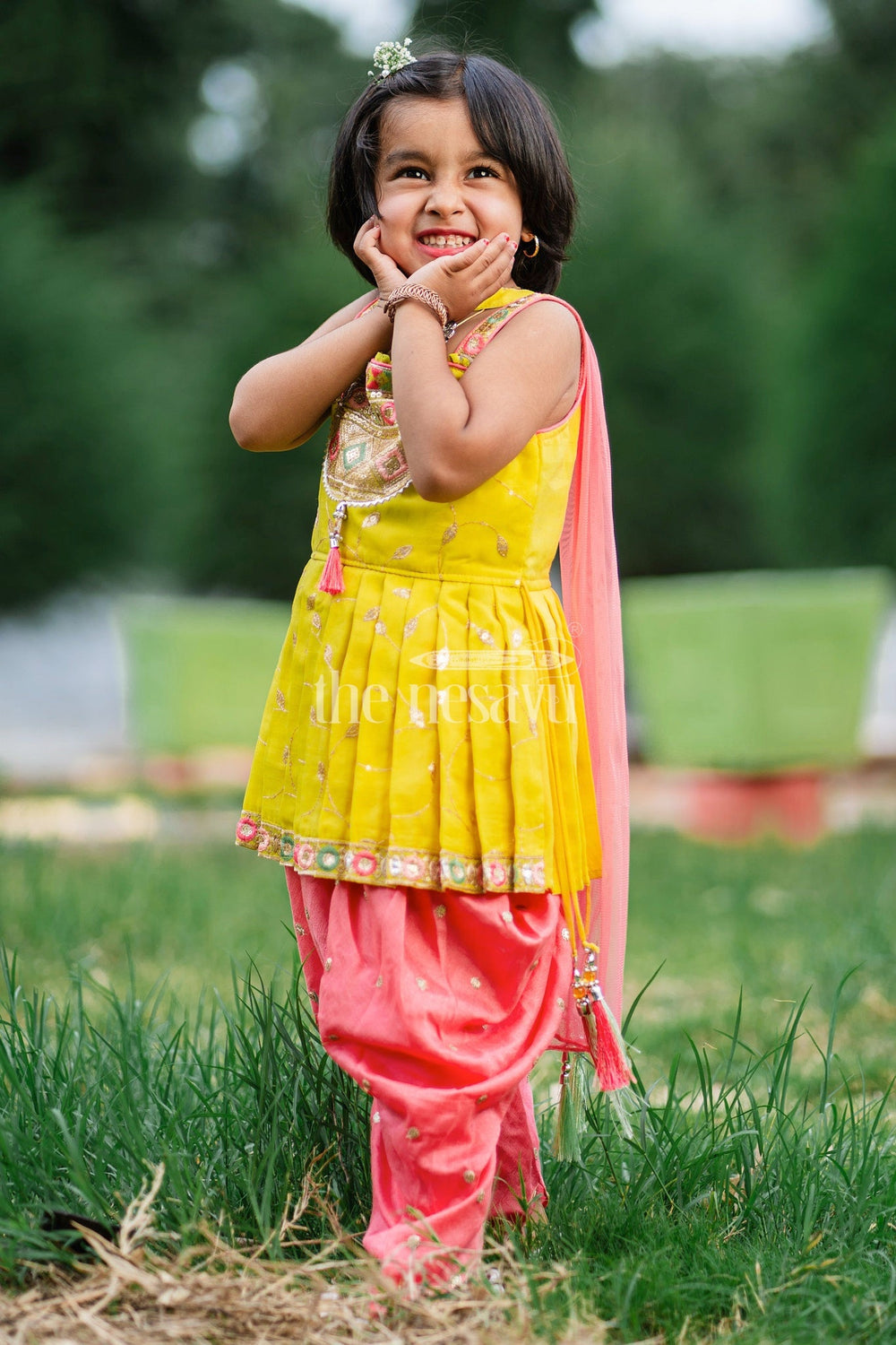 The Nesavu Girls Dothi Sets Yellow and Pink Girls Dothi Set with Embroidered Sleeveless Kurta and Mirror Work Nesavu Nesavu Yellow Pink Dothi Set Girls Mirror Work Tassel Embellishments