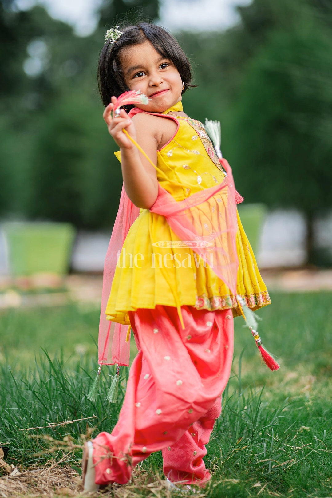 The Nesavu Girls Dothi Sets Yellow and Pink Girls Dothi Set with Embroidered Sleeveless Kurta and Mirror Work Nesavu Nesavu Yellow Pink Dothi Set Girls Mirror Work Tassel Embellishments