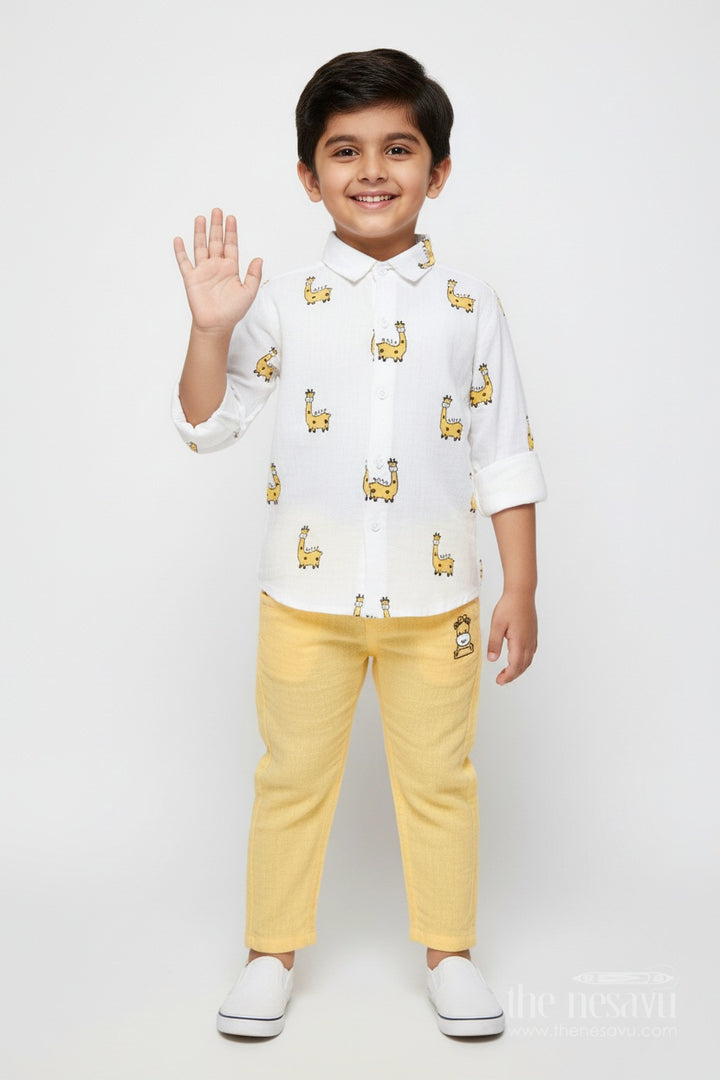 The Nesavu Boys Casual Set Yellow Baby Boy Casual Set with Printed Muslin Shirt and Pants Nesavu 12 (3M) / Yellow BCS473B-12 Nesavu yellow baby boy cotton casual set fun digital prints playtime daily wear