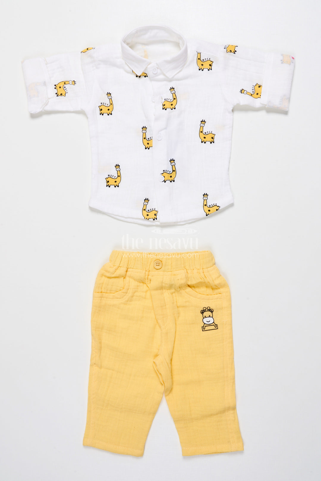 The Nesavu Boys Casual Set Yellow Baby Boy Casual Set with Printed Muslin Shirt and Pants Nesavu Nesavu yellow baby boy cotton casual set fun digital prints playtime daily wear