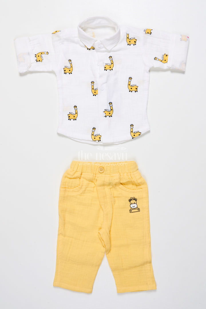 The Nesavu Boys Casual Set Yellow Baby Boy Casual Set with Printed Muslin Shirt and Pants Nesavu Nesavu yellow baby boy cotton casual set fun digital prints playtime daily wear
