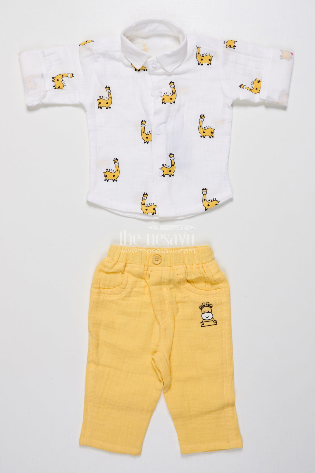 The Nesavu Boys Casual Set Yellow Baby Boy Casual Set with Printed Muslin Shirt and Pants Nesavu Nesavu yellow baby boy cotton casual set fun digital prints playtime daily wear