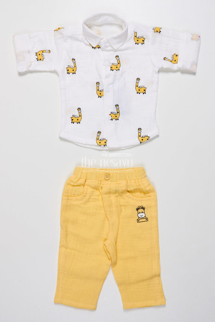 The Nesavu Boys Casual Set Yellow Baby Boy Casual Set with Printed Muslin Shirt and Pants Nesavu Nesavu yellow baby boy cotton casual set fun digital prints playtime daily wear