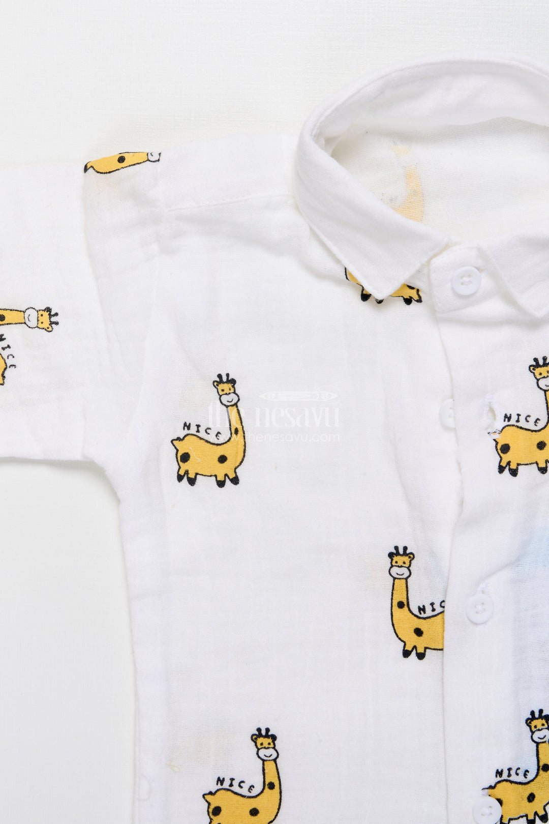 The Nesavu Boys Casual Set Yellow Baby Boy Casual Set with Printed Muslin Shirt and Pants Nesavu Nesavu yellow baby boy cotton casual set fun digital prints playtime daily wear