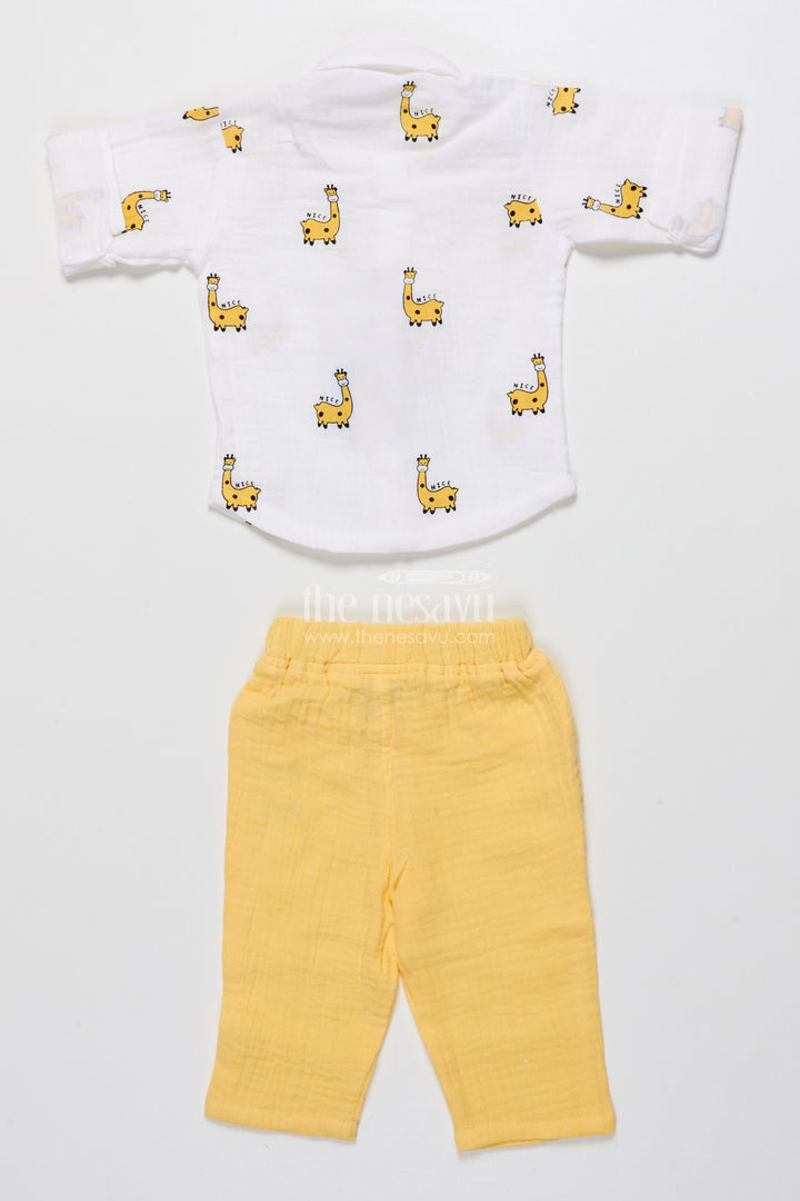 The Nesavu Boys Casual Set Yellow Baby Boy Casual Set with Printed Muslin Shirt and Pants Nesavu Nesavu yellow baby boy cotton casual set fun digital prints playtime daily wear