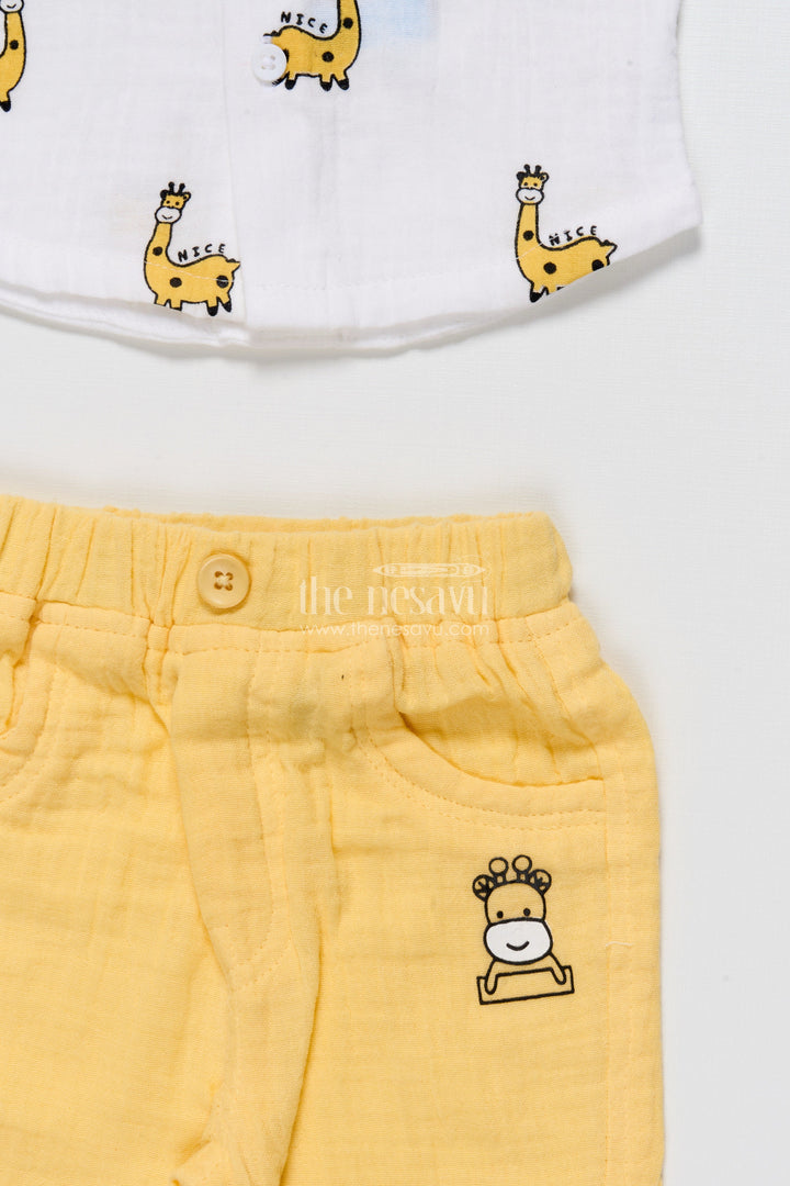 The Nesavu Boys Casual Set Yellow Baby Boy Casual Set with Printed Muslin Shirt and Pants Nesavu Nesavu yellow baby boy cotton casual set fun digital prints playtime daily wear