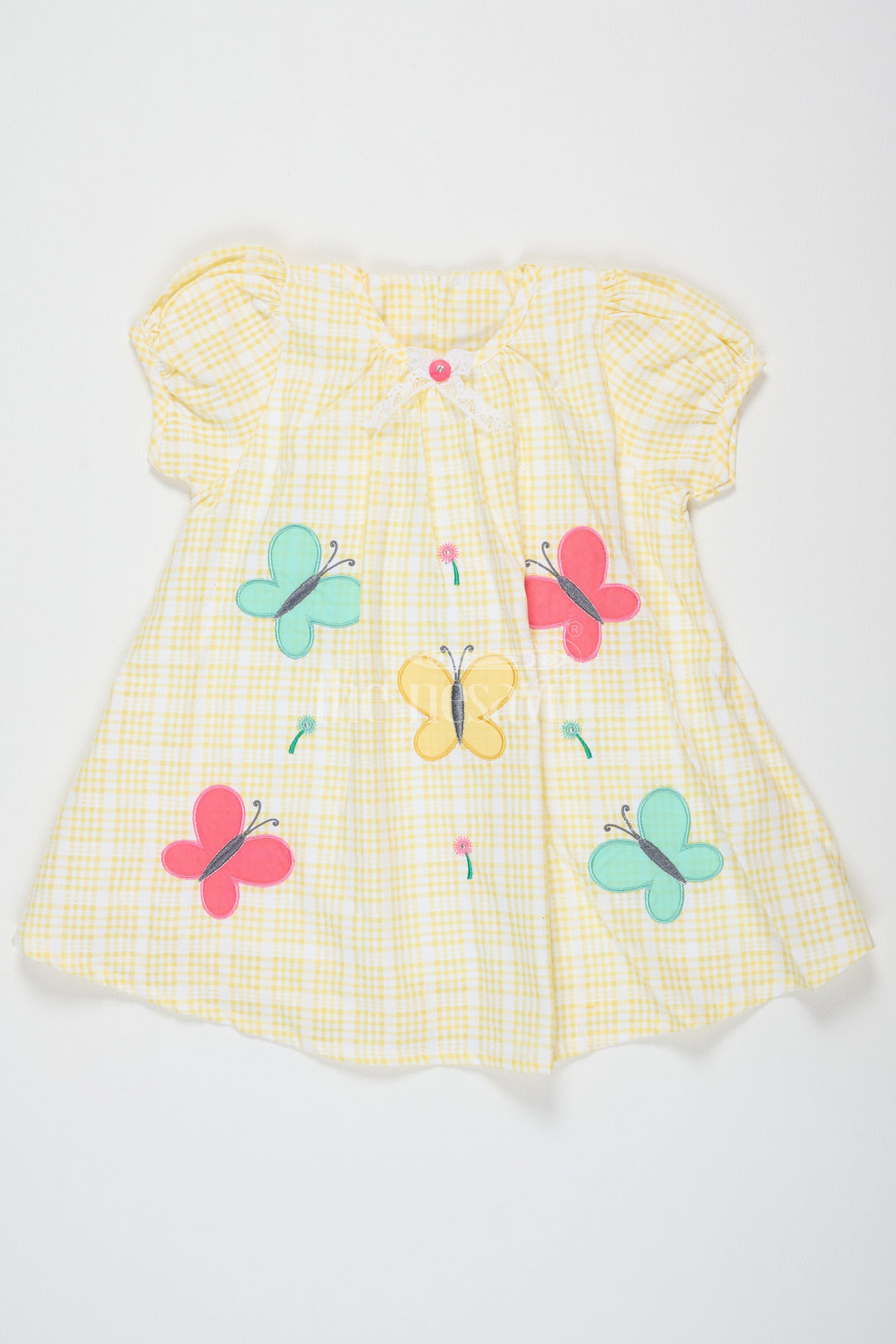 The Nesavu Baby Cotton Frocks Yellow Baby Cotton Frock with Butterfly Appliqué and Puff Sleeves for Girls Nesavu 14 (6M) / Yellow BFJ666A-14 Nesavu Yellow Baby Cotton Butterfly Frock Puff Sleeves Gingham Print Casual Wear