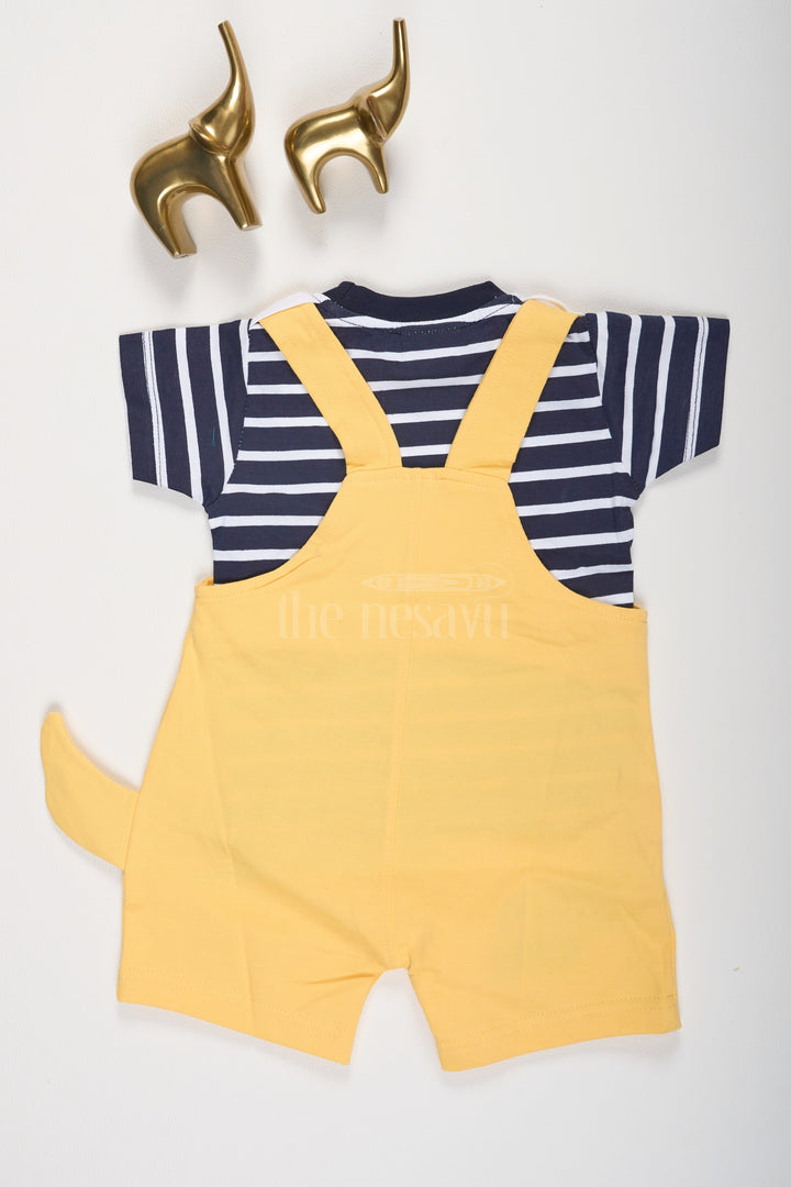 The Nesavu Baby Dungarees Yellow Baby Dungarees with Dinosaur Design and Black Striped T-Shirt for Boys Nesavu Yellow Baby Dungarees Dinosaur Graphic Striped T-Shirt Nesavu Playful Boys Outfit