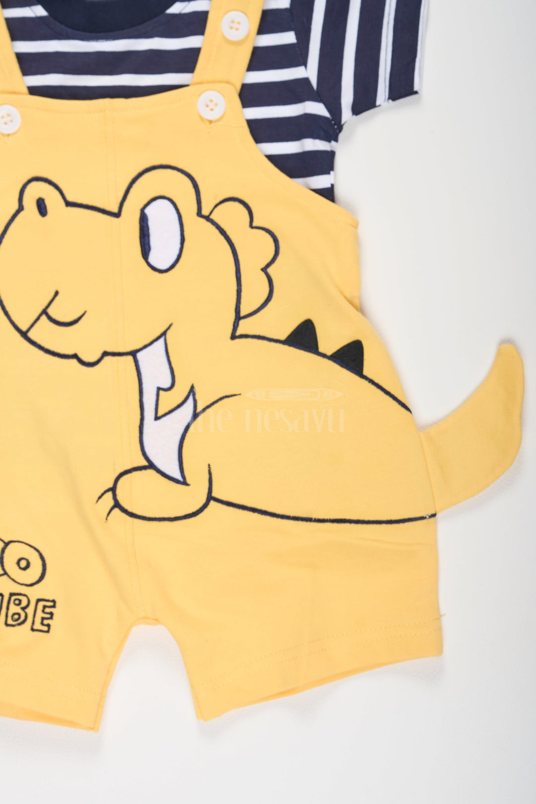 The Nesavu Baby Dungarees Yellow Baby Dungarees with Dinosaur Design and Black Striped T-Shirt for Boys Nesavu Yellow Baby Dungarees Dinosaur Graphic Striped T-Shirt Nesavu Playful Boys Outfit