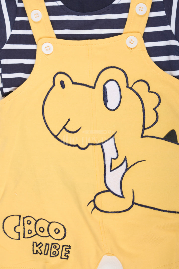 The Nesavu Baby Dungarees Yellow Baby Dungarees with Dinosaur Design and Black Striped T-Shirt for Boys Nesavu Yellow Baby Dungarees Dinosaur Graphic Striped T-Shirt Nesavu Playful Boys Outfit