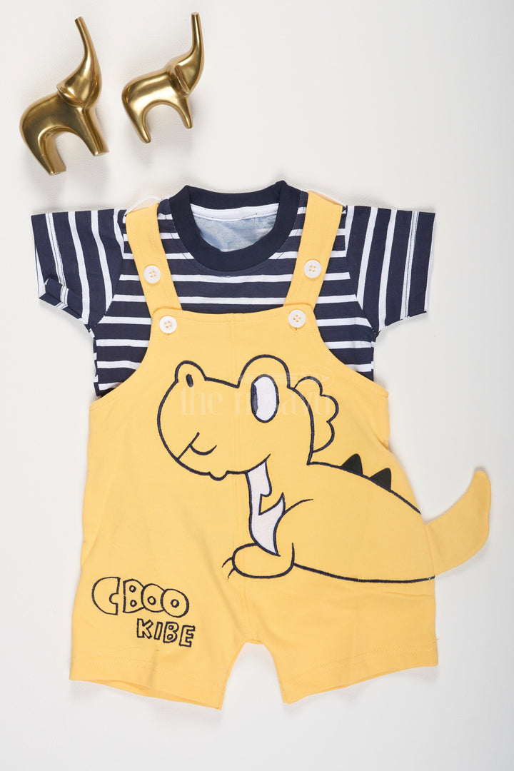 The Nesavu Baby Dungarees Yellow Baby Dungarees with Dinosaur Design and Black Striped T-Shirt for Boys Nesavu Yellow Baby Dungarees Dinosaur Graphic Striped T-Shirt Nesavu Playful Boys Outfit