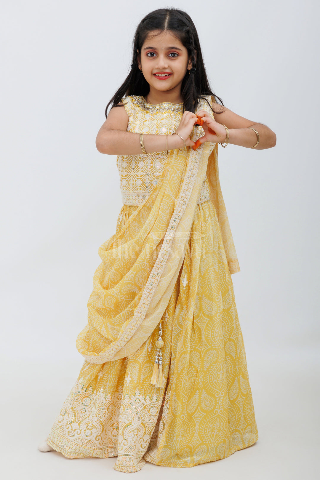 The Nesavu Girls Lehenga Choli Yellow Bandhani Printed Organza Saree and Lehenga for Girls Nesavu Yellow Bandhani Printed Saree and Lehenga for Girls - Nesavu