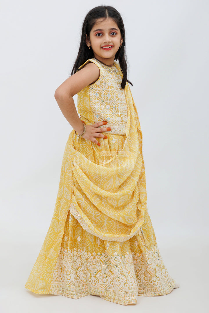 The Nesavu Girls Lehenga Choli Yellow Bandhani Printed Organza Saree and Lehenga for Girls Nesavu Yellow Bandhani Printed Saree and Lehenga for Girls - Nesavu