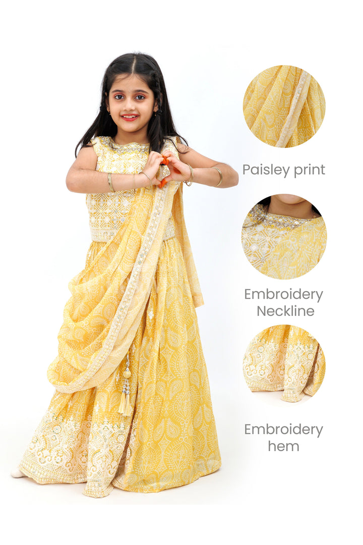 The Nesavu Girls Lehenga Choli Yellow Bandhani Printed Organza Saree and Lehenga for Girls Nesavu Yellow Bandhani Printed Saree and Lehenga for Girls - Nesavu